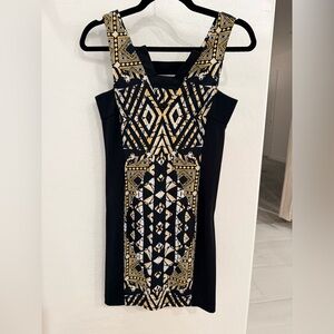 BCBGMaxAzria Black and Gold Patterned Mini Dress
